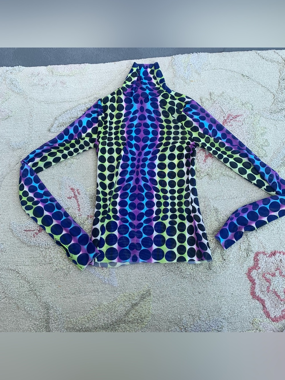 AFRM Zadie Mesh Turtleneck Top Purple Multi Dot Optical Pattern size S